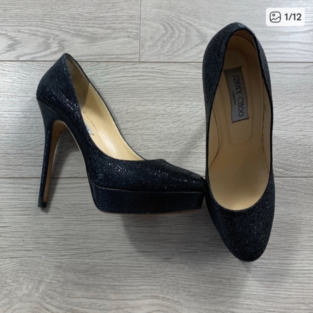Jimmy Choo | Black Glitter Shimmer Platform Heels | 39